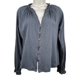 Lisa Todd Blouse Top Cotton Knit Ruffle Button Front Gray Small Split Classic